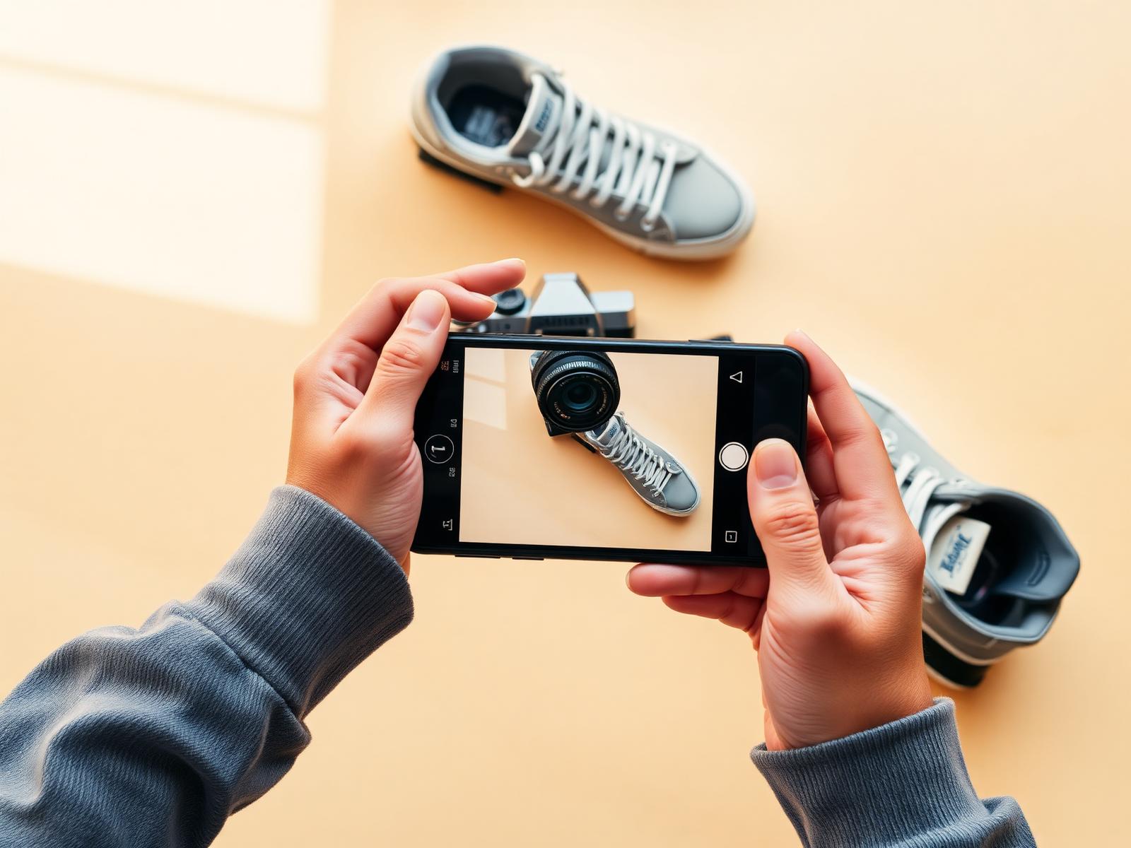 A seller photographs a pair of sneakers with their phone to create a listing.